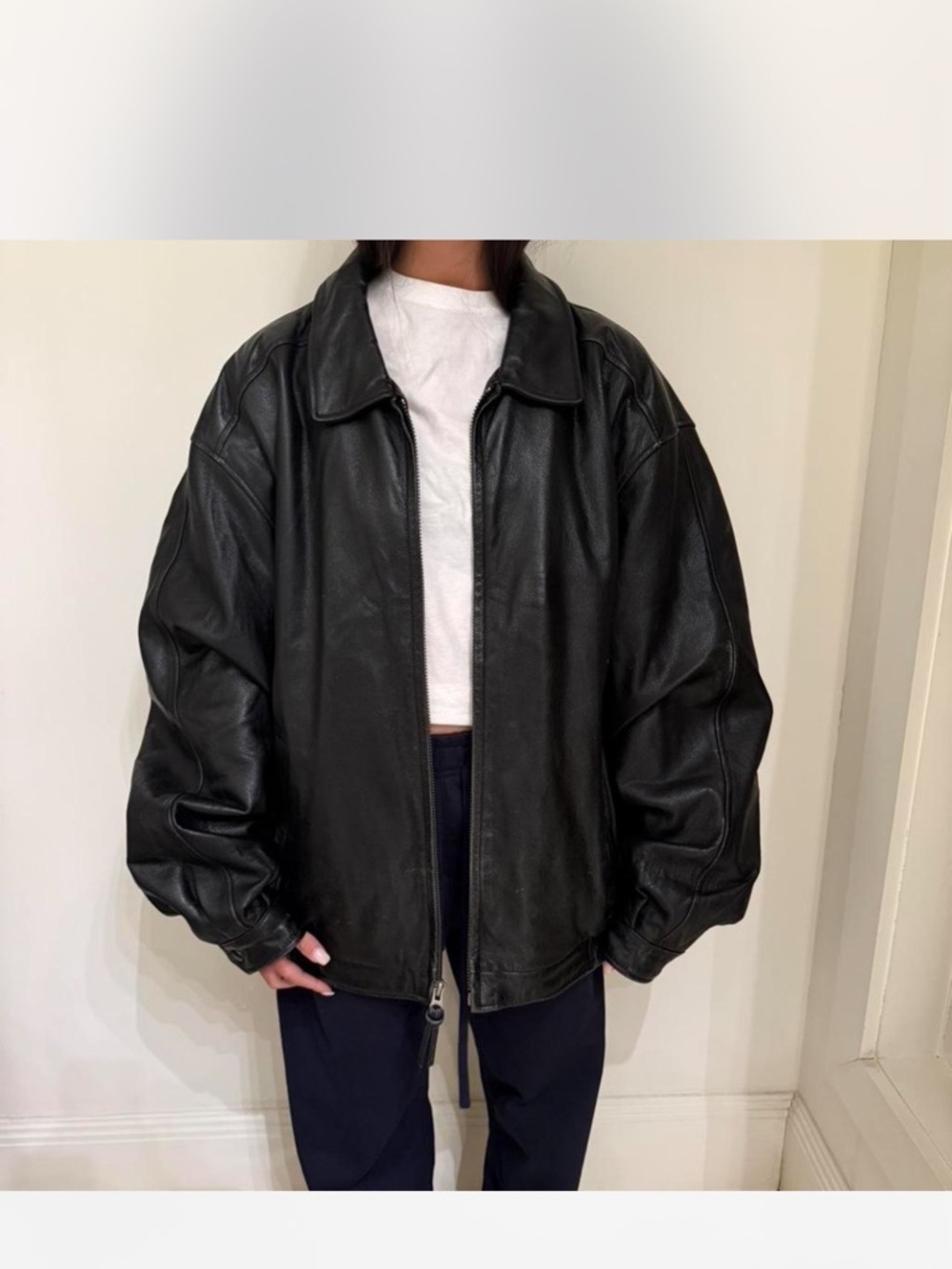 Oversized Black Real Leather Zip Jacket